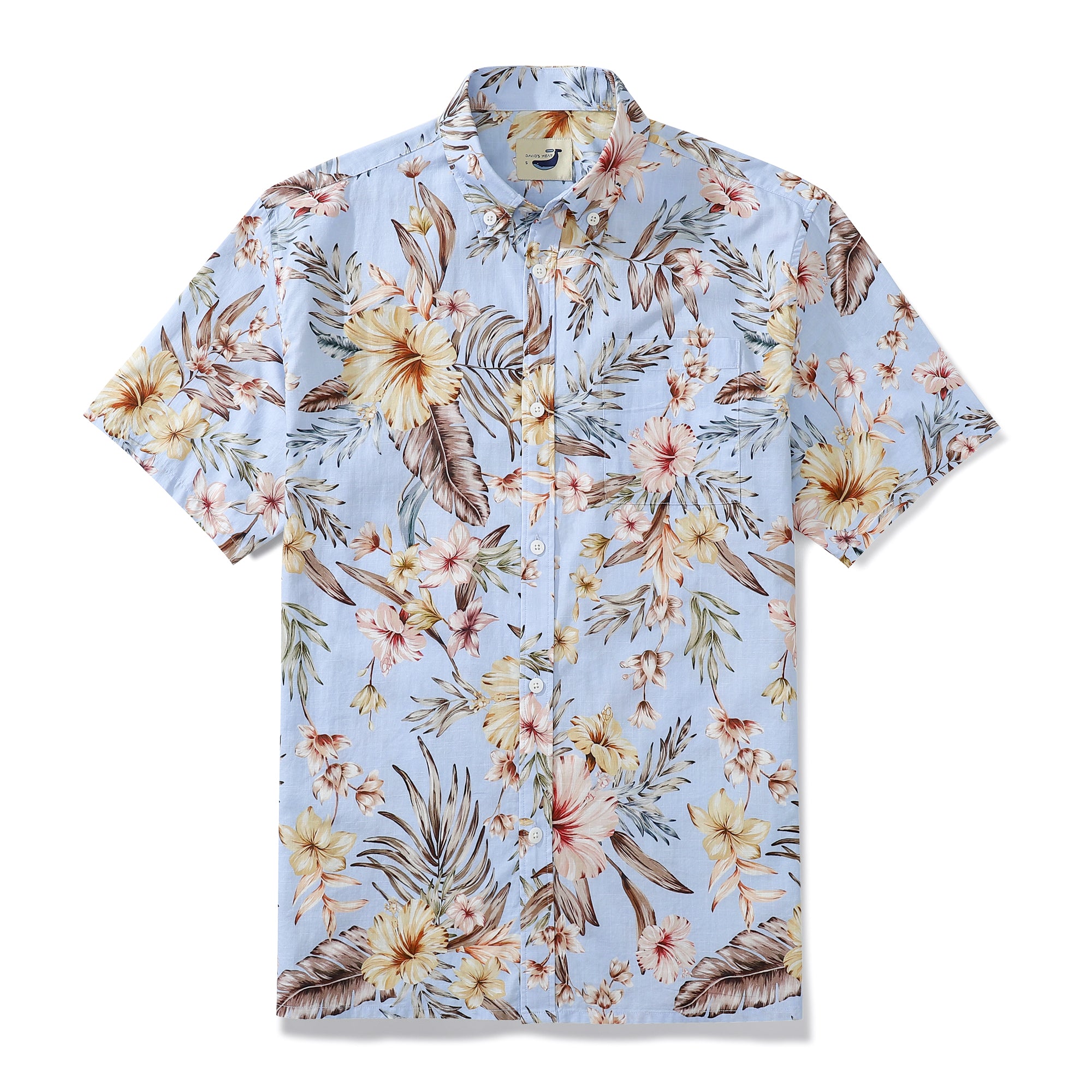 Light Blue Hand Painted Hibiscus Floral Print 100% Cotton Button-down Shirt